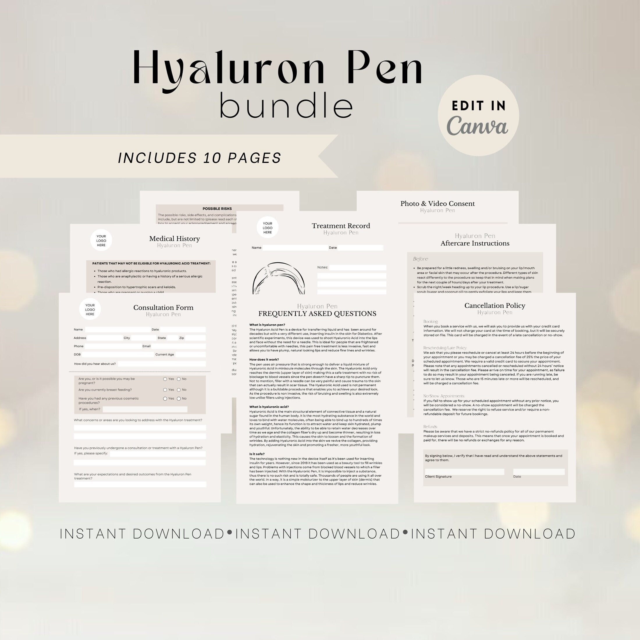 Hyaluron Pen Consent Form, Hyaluronic Acid Pen Consent Form, Treatment Record, Esthetician