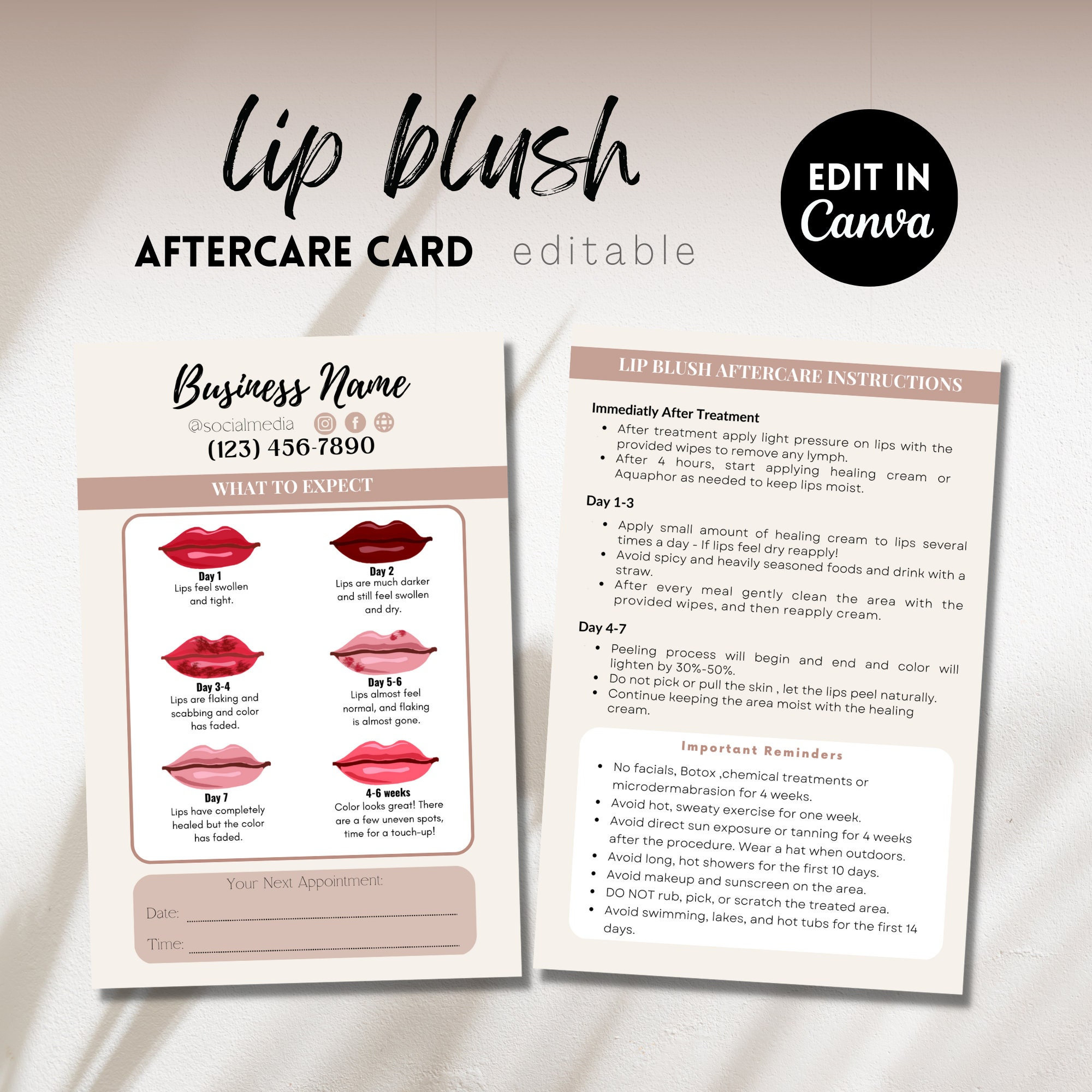Lip Blush Aftercare Card, PMU Aftercare Template, Canva PMU Templates