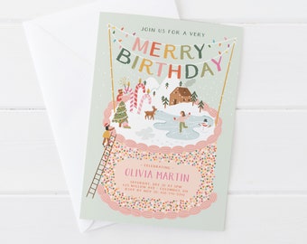 May include: A festive birthday invitation with a winter wonderland theme. The invitation features a pink cake with a winter scene on top, including a cabin, a snowman, a Christmas tree, and people ice skating. The text on the invitation reads "Join us for a very Merry Birthday, Celebrating Olivia Martin, Saturday, Dec 20 at 5pm, 425 Willow Ave Columbus, OH, RSVP by Nov 20 322-716-5340."