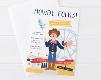 May include: A colorful invitation to a birthday party at the State Fair of Texas. The invitation features a cartoon cowboy holding a cotton candy and a hot dog. The text on the invitation reads "Howdy, Folks! Jamie is turning 4! Saturday, June 5 at 3PM. The State Fair of Texas, Dallas, Texas. RSVP by May 5 to 905-416-8273. You're Invited! Midway."