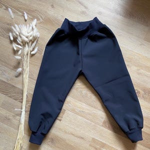 Könnte beinhalten: Marineblaue Hose mit hohem Bund und elastischen Bündchen. Die Hose ist aus einem weichen, dehnbaren Material gefertigt. Links befindet sich ein Bund aus getrockneten, hellfarbigen Blumen.