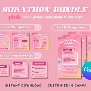 Pink SUBATHON Social Media Bundle | Retro Gaming Theme for Twitch Streamers | Editable CANVA Template | CUSTOMIZABLE Promo Package!