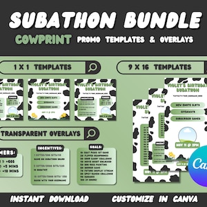 Cowprint SUBATHON Social Media Bundle | Cute Green Theme for Twitch Streamers | Customizable CANVA Template