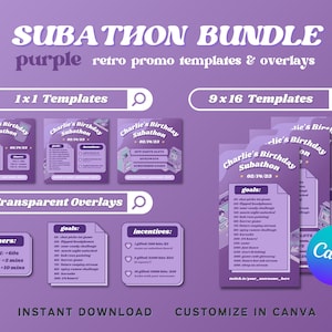 Purple SUBATHON Social Media Bundle | Retro Gaming Theme for Twitch Streamers | Editable CANVA Template | CUSTOMIZABLE Promo Package
