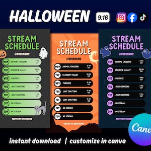 May include: Three vertical Halloween-themed stream schedule templates with dark, orange, and blue backgrounds. Each features the text STREAM SCHEDULE, a username placeholder, days of the week, game titles, times, and social media icons for Instagram, Facebook, and TikTok.