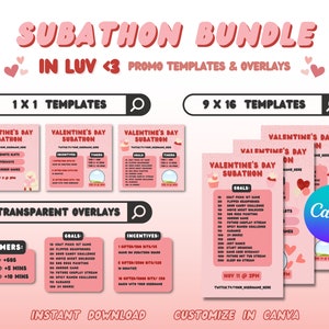 In Luv &lt;3 SUBATHON Social Media Bundle | Love & Hearts Theme for Twitch Streamers | Customizable CANVA Template for Valentines Day