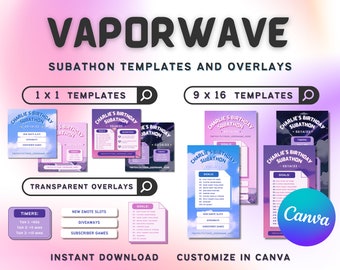May include: A set of digital templates for Twitch subathons with a vaporwave aesthetic. The templates feature a pink and blue color scheme with clouds and neon lights. The text on the templates reads "Charlie's Birthday Subathon" and includes the date "02/14/23". The templates are designed to be used with Canva.