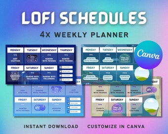 Plantillas de programación de transmisiones de lo-fi: Planificador semanal de vaporwave (Canva editable, descarga digital)