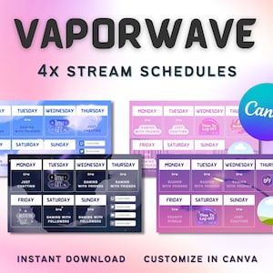 Vaporwave Weekly Stream Schedule | Editable Canva Templates | Pack of Blue, Pink, Black, & Purple | Twitter X Template for Twitch Streamers
