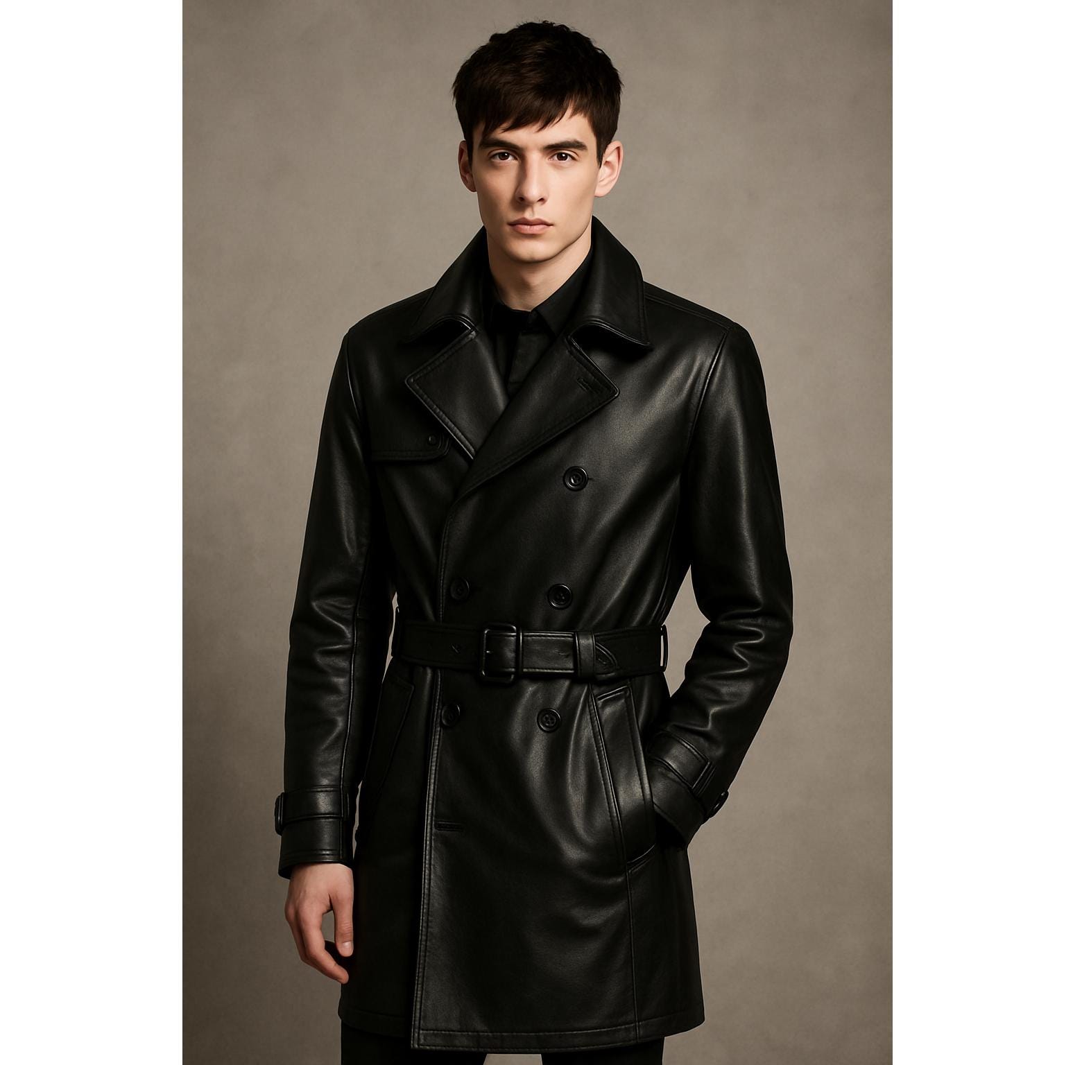 Handmade Sheepskin Leather Trench Coat: Men's Gothic Biker Style