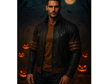 The X-Man Striped Leather Motorcycle Jacket, Men's Cosplay Biker Costume