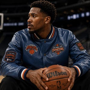 May include: A blue leather varsity jacket featuring New York Knicks and 2026 NBA Champions patches on the chest, with additional 3 Time NBA Champions and 2026 patches on the sleeves, worn with a brown Wilson basketball in a professional arena.