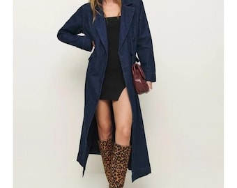 Denim Trench Coat For Women: Long Double-Breasted Vintage Style