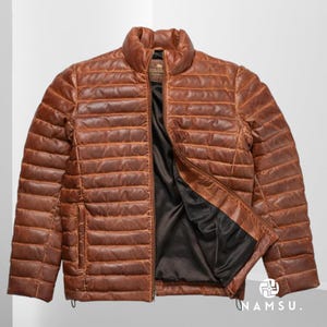 Men&#39;s Puffer Jacket | Men&#39;s Real Leather Brown Quilted Jacket | Handmade Jacket For Men