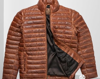 Men's Lambskin Leather Puffer Jacket: Brown Quilted Handmade Coat