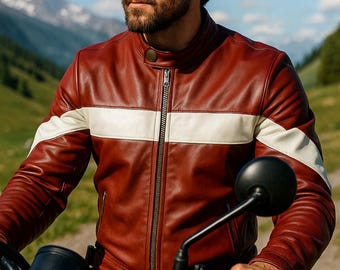 Handmade Red & White Leather Motorcycle Jacket: Cafe Racer Bomber Style