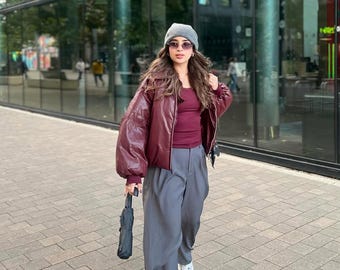 Handmade Burgundy Leather Bomber Jacket: Women's Oversized Streetwear