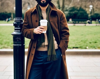 Men's Classic Wool Long Overcoat: Vintage Tan Brown Winter Trench Coat For Men