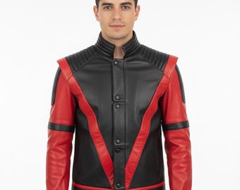 MJ Thriller Leather Jacket: Handmade Red & Black Vampire Themed Cosplay Costume For Halloween