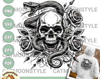 Floral Snake Skull SVG: Gothic Skeleton Clipart (Digital DXF, PNG)
