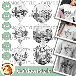 Puede incluir: Un conjunto de seis descargas digitales que presentan un dibujo de línea en blanco y negro de un paisaje desértico con montañas, cactus y un sol. Los diseños están disponibles en los formatos JPG, PNG, SVG, DXF, EPS y PDF.