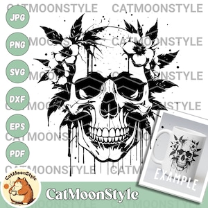 May include: Black and white illustration of a skull with a floral wreath. The skull is smiling and has a dripping effect. The image is an example of a design for a mug.