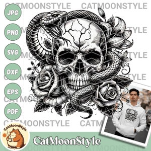 May include: Black and white illustration of a human skull with a snake wrapped around it. The skull is surrounded by roses and other floral elements.