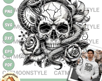 Floral Snake Skull SVG, Gothic Skeleton Clipart (Digital Dxf, Png)