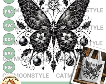Christmas Gothic Butterfly, Black and White Ornament Art, Intricate Digital Design, Clipart SVG, PNG for Dark Holiday Decor