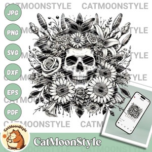 May include: A black and white illustration of a human skull surrounded by a wreath of flowers. The flowers include roses, lilies, and sunflowers. The skull has a detailed design with visible teeth and eye sockets.