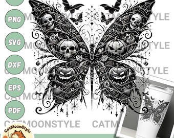 Gothic Halloween Butterfly with Skulls and Pumpkins, Black and White Digital Art, Spooky Clipart SVG, PNG for Dark Decor and Crafts