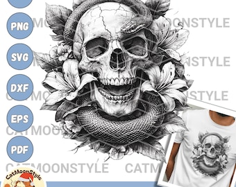 Floral Snake Skull SVG: Gothic Skeleton Clipart (Digital Download)