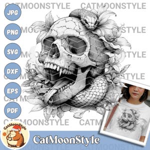 May include: A black and white illustration of a skull with a snake wrapped around it. The skull is surrounded by flowers and leaves. The image is in a realistic style.
