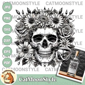 May include: A black and white illustration of a skull wearing a floral crown of roses and daisies. The skull has a toothy grin and is surrounded by more flowers. The image is set against a white background.