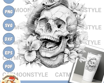 Floral Snake Skull SVG: Gothic Skeleton Clipart (Digital Download)