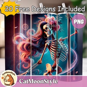 Könnte beinhalten: Ein Sublimationsdesign mit einem Skelett mit langen, fließenden pinkfarbenen und blauen Haaren, das eine Blumenkrone trägt. Das Skelett ist in einer Tanzpose vor einem dunkelblauen Hintergrund mit neongelben und blauen Akzenten dargestellt. Das Design ist mit "PNG" gekennzeichnet und eignet sich für die Verwendung auf Bechern oder anderen Sublimationsvorhaben.