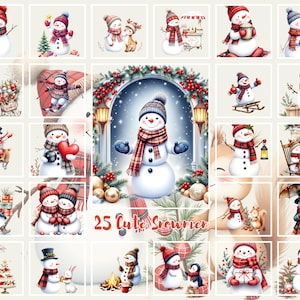 25 PNG Christmas Snowman bundle Clipart, Festive Snowmen Graphics, Holiday clipart, Commercial Use, Digital Download