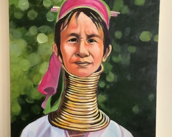 Original Handmade Oil Painting On Canvas By Burmese Artist, scenic nature long neck Kayan People, painting wall art decor wall home