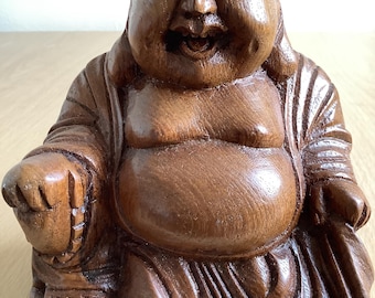 Hand Carved Wooden Happy Buddha Figure & Sculpture, Natural Wood Carving