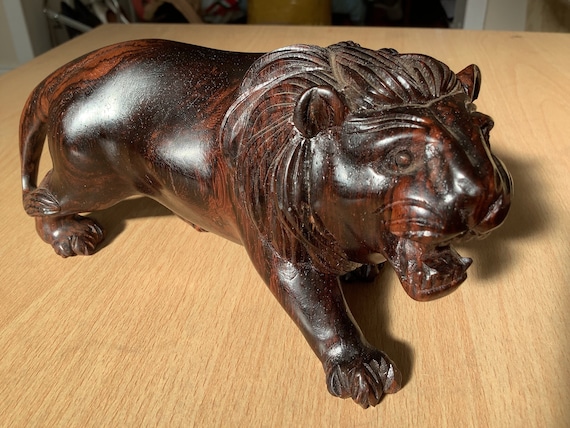 木製ライオン彫刻 魔除け骨董品ライオンの木製彫刻 2体セット 魔除け