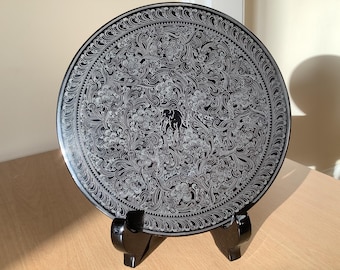 Burmese Lacquered Elephant Pattern Handmade Food Serving Plate Mat Circle Shaped