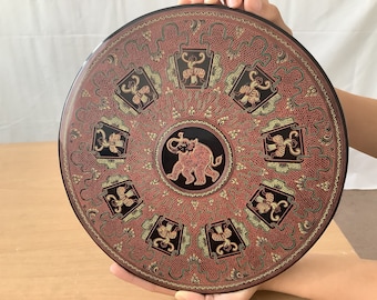 Burmese Lacquered Burmese Zodiac Handmade Food Serving Plate Mat Circle Shaped