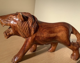 Hand Carved Wooden Lion Figure & Sculpture, Natural Wood Carving