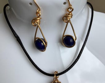 Handmade wire art jewelry Lapis lazuli stone earrings, Necklace, Sun ring and Bracelet with various designs.
