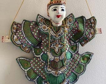 Traditional Burmese Stunning Puppet Marionette, Mail Fairy(Thajarmin)figure copious amounts of beaded, sequined with Blue, Gold and Pink.