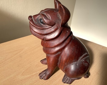 Hand Carved Wooden Bulldog  Figure & Sculpture, Natural Wood Carving.