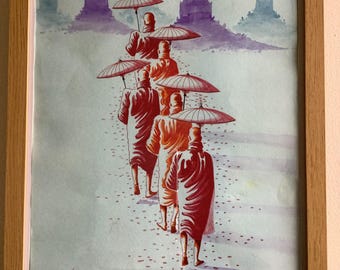 Water Color painting on card paper By Burmese Artist, Monks are going to pagoda scenic nature art living room wall art  decoration