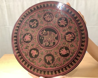 Burmese Lacquered Elephant & Zodiac Pattern Handmade Food Serving Plate Mat Circle Shaped