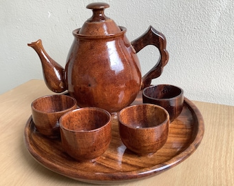 Handmade Burmese Wooden Tea Pot + Tray + Cups
