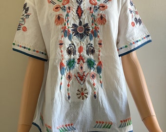 Cotton and Linen Solid color Short-Sleeved Blouse with various Embroidered patterns Made for Summer.